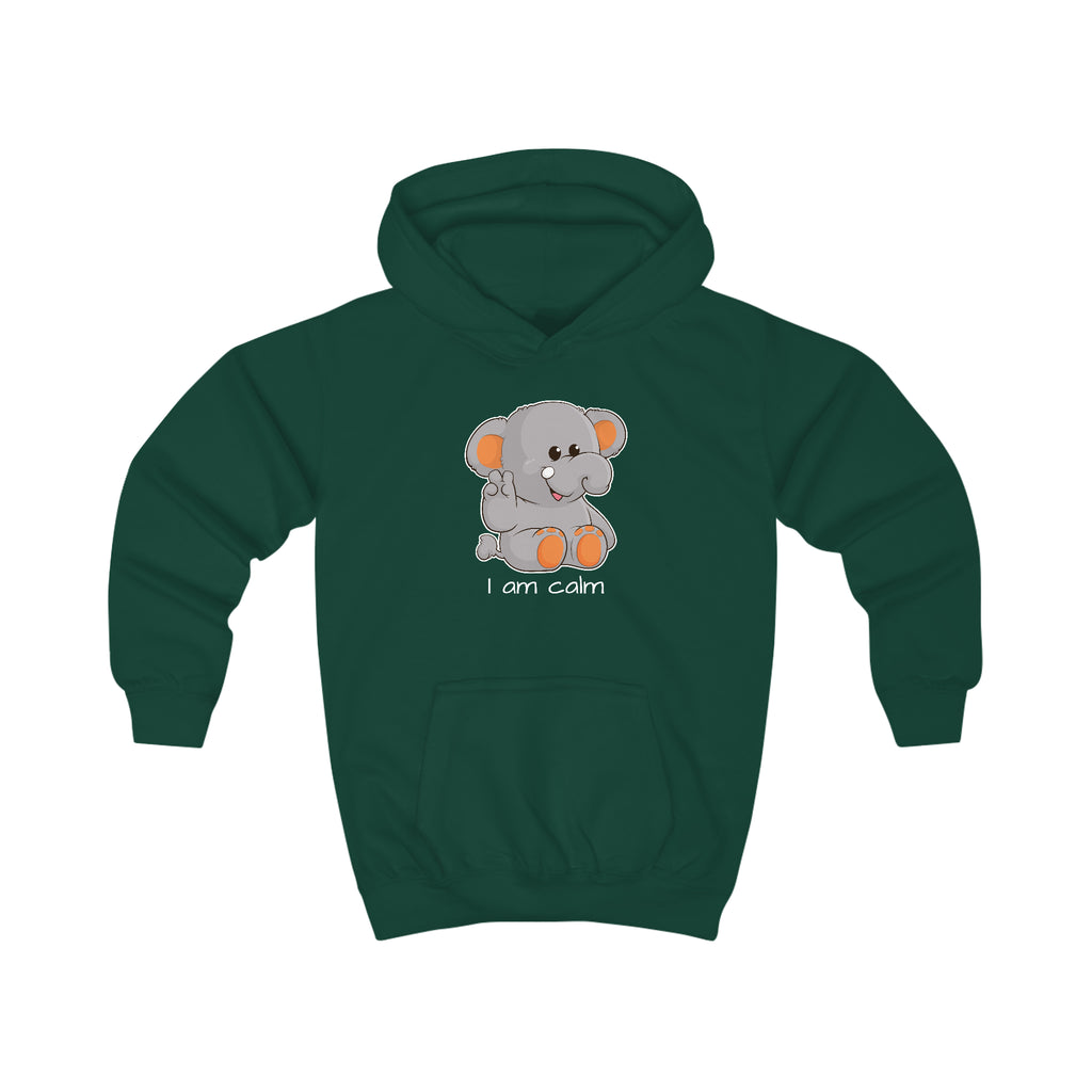 A dark green hoodie with a picture of an elephant that says I am calm.