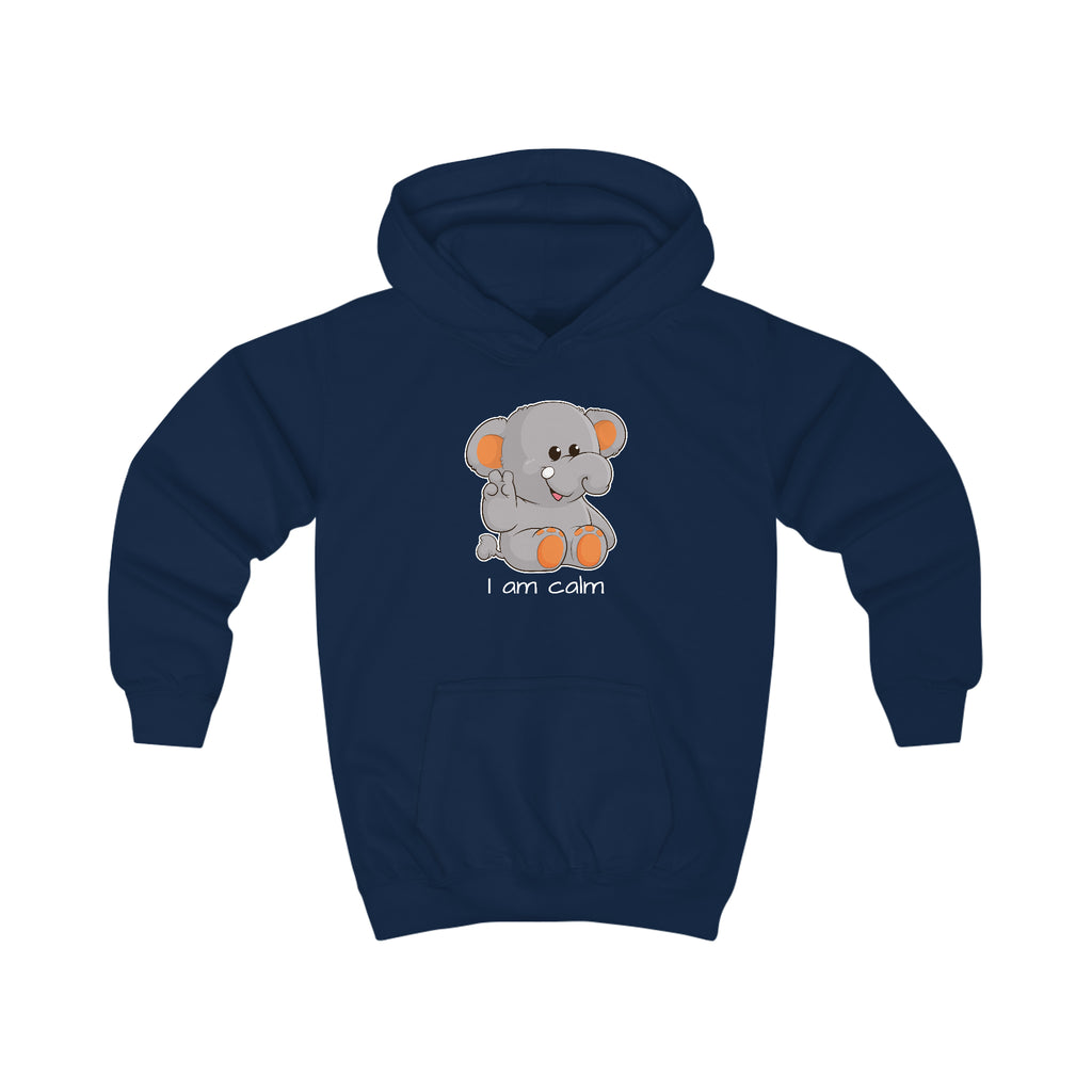 A navy blue hoodie with a picture of an elephant that says I am calm.