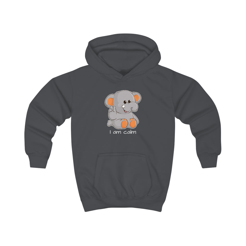 A charcoal grey hoodie with a picture of an elephant that says I am calm.
