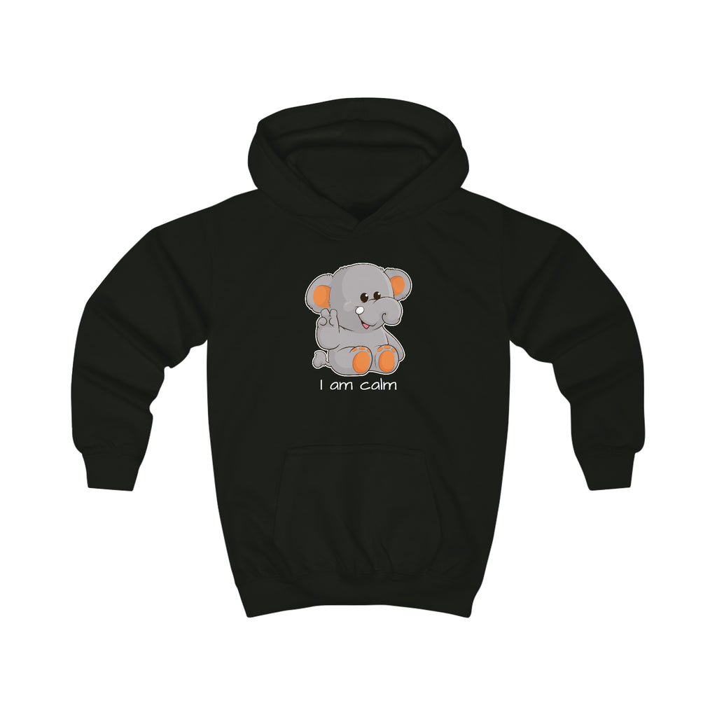 A black hoodie with a picture of an elephant that says I am calm.