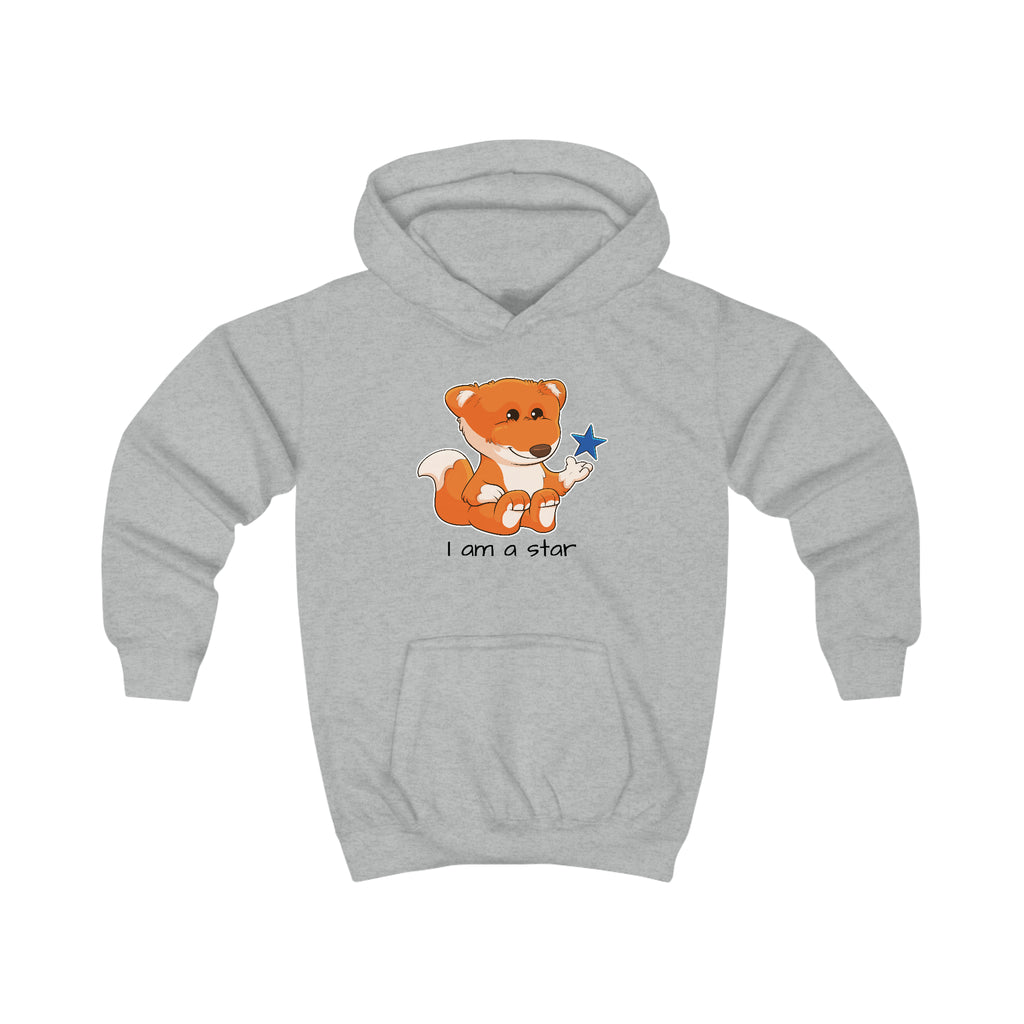 A heather grey hoodie with a picture of a fox that says I am a star.
