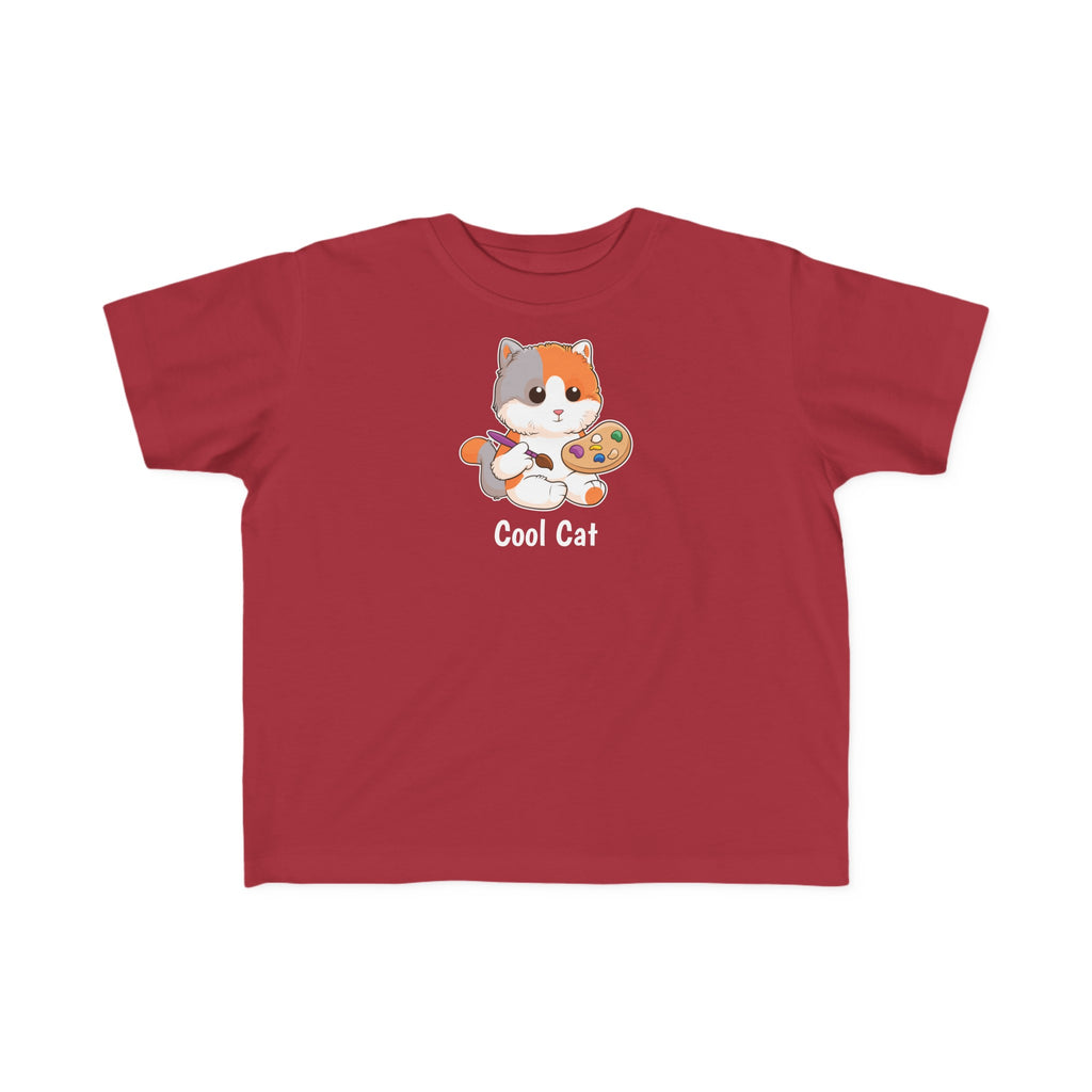 A short-sleeve garnet red shirt with a picture of a cat that says Cool Cat.