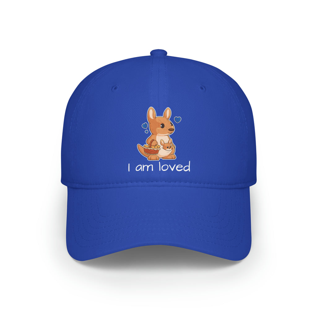 Front-view of a royal blue baseball hat with a picture of a kangaroo that says I am loved.