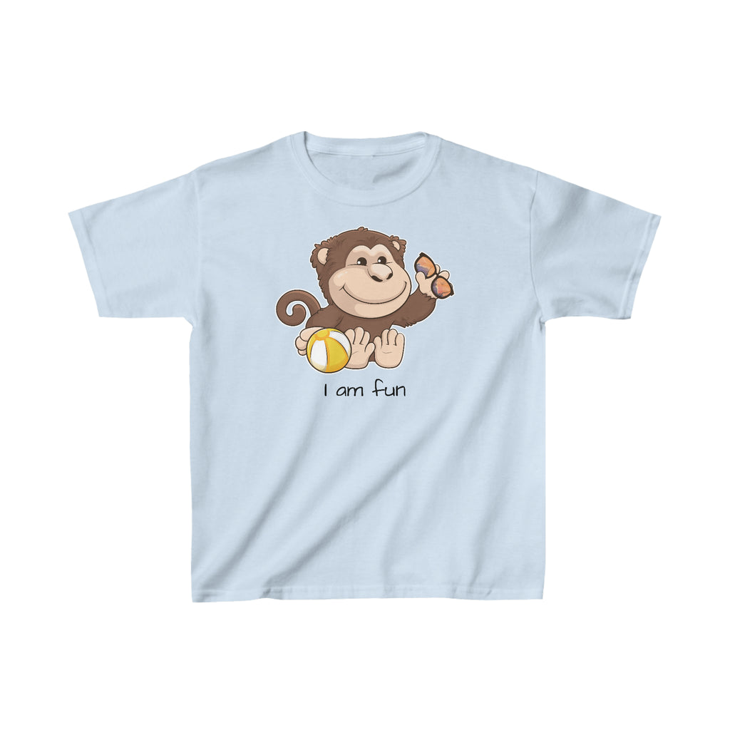 A short-sleeve light blue shirt with a picture of a monkey that says I am fun.
