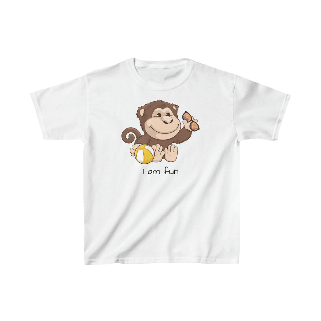 A short-sleeve white shirt with a picture of a monkey that says I am fun.
