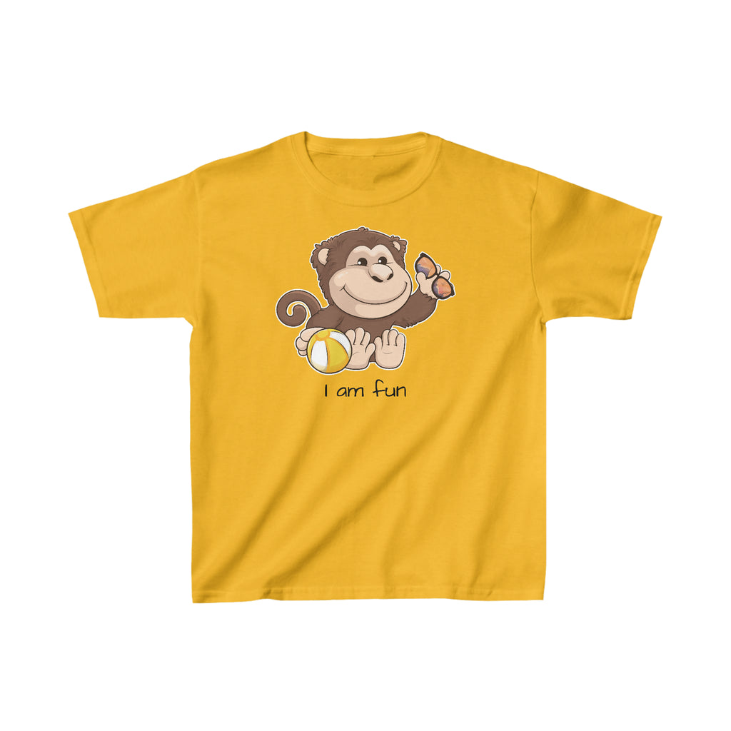 A short-sleeve golden yellow shirt with a picture of a monkey that says I am fun.