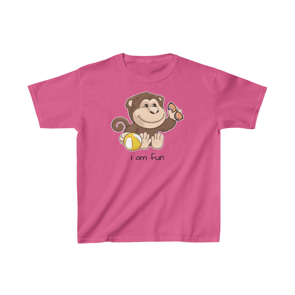 A short-sleeve pink shirt with a picture of a monkey that says I am fun.