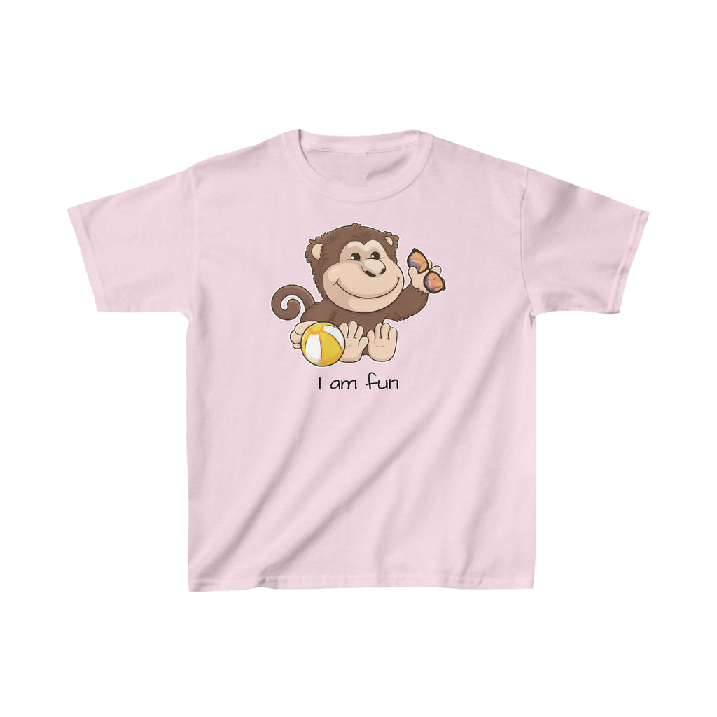 A short-sleeve light pink shirt with a picture of a monkey that says I am fun.