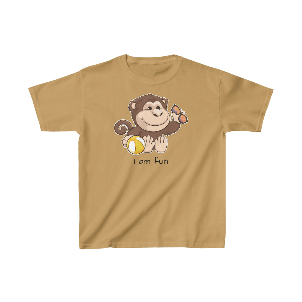 A short-sleeve old gold shirt with a picture of a monkey that says I am fun.