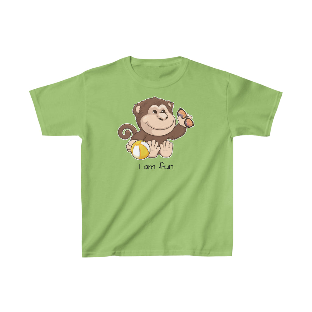 A short-sleeve lime green shirt with a picture of a monkey that says I am fun.