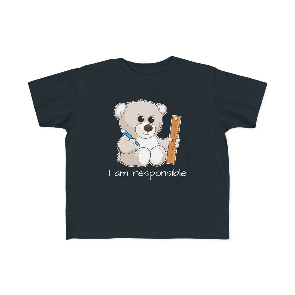 A short-sleeve black shirt with a picture of a bear that says I am responsible.
