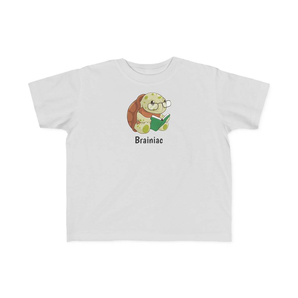 A short-sleeve grey shirt with a picture of a turtle that says Brainiac.