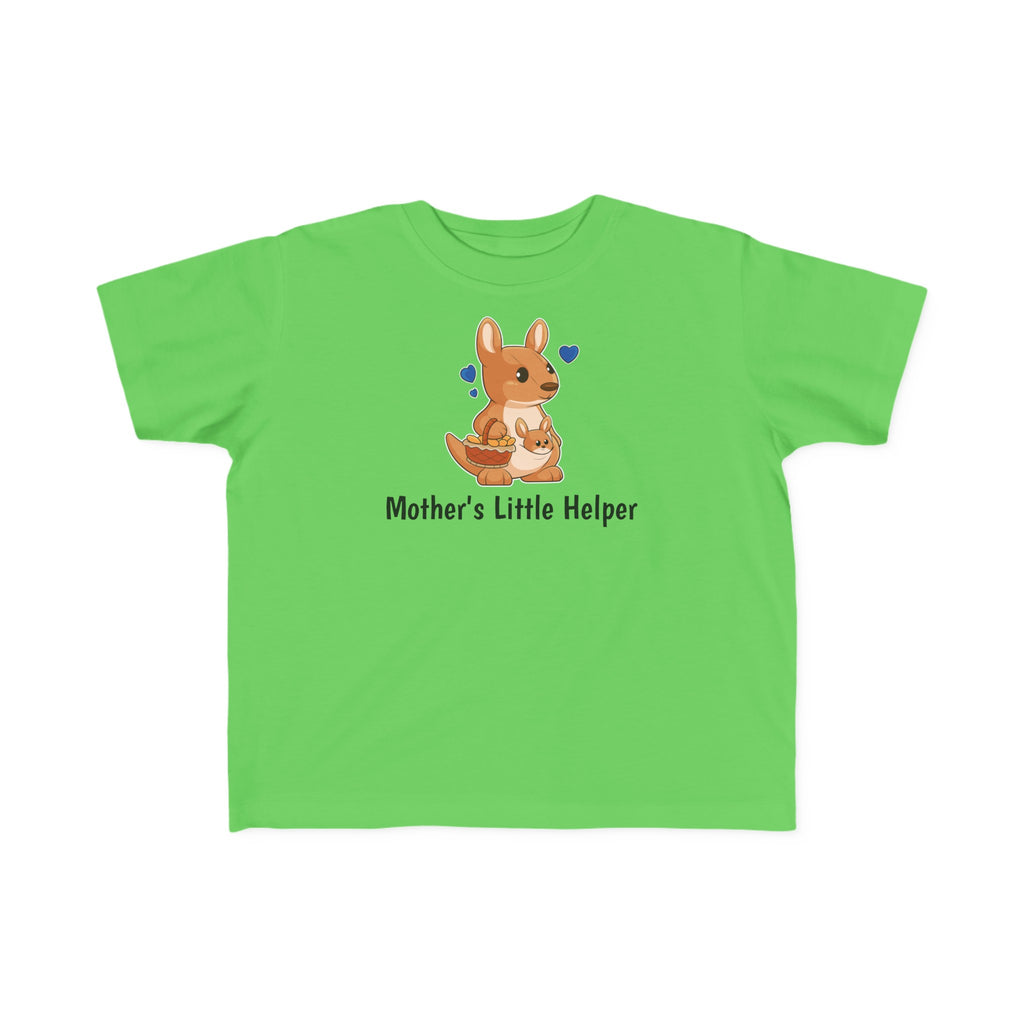 A short-sleeve green shirt with a picture of a kangaroo that says Mother's Little Helper.