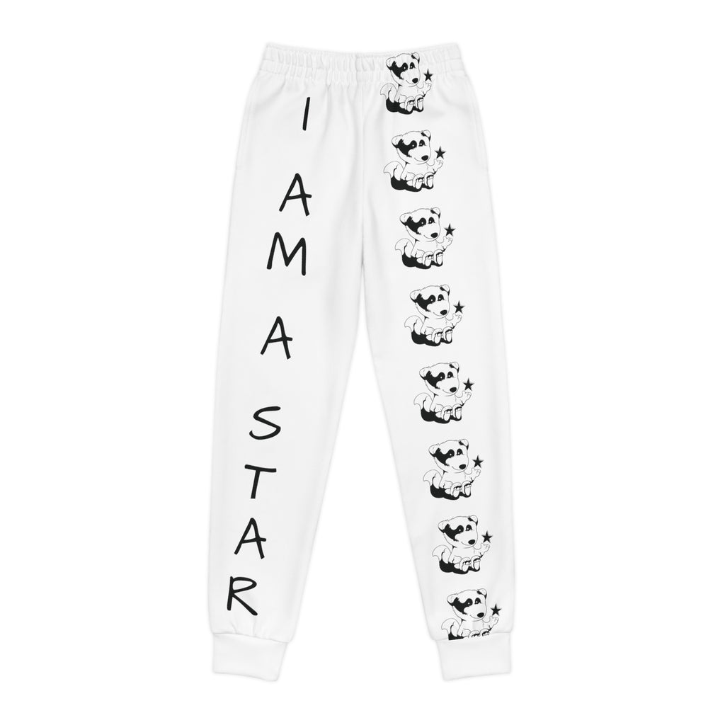 White sweatpants with a line of black and white foxes down the front left leg and the phrase "I am a star" down the front right leg.