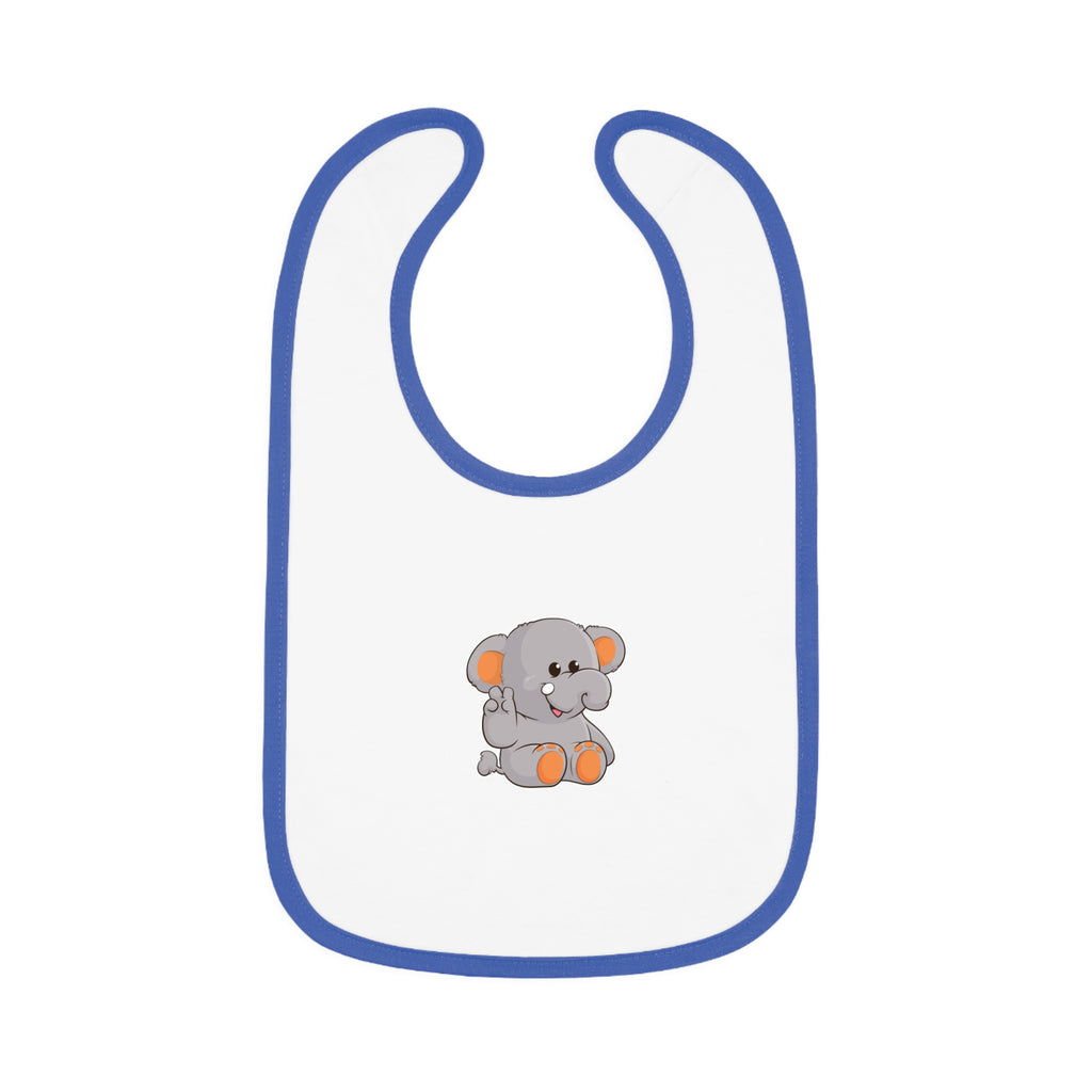 A white baby bib with royal blue trim and a small picture of an elephant.