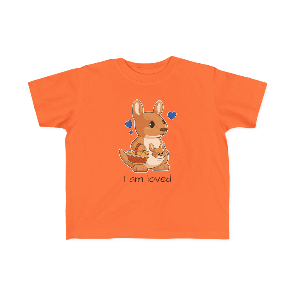 A short-sleeve orange shirt with a picture of a kangaroo that says I am loved.