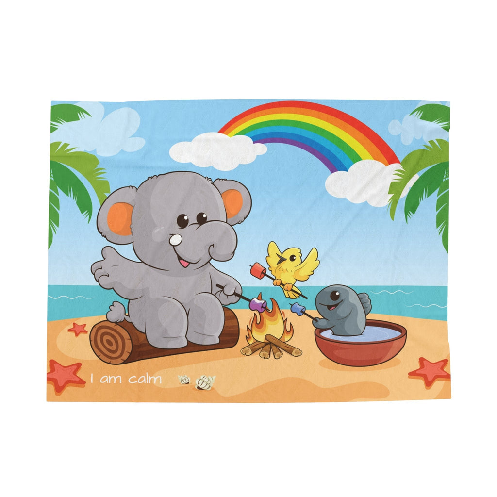 A blanket with a scene of an elephant having a bonfire with a bird and fish on the beach, a rainbow in the background, and the phrase "I am calm" along the bottom.