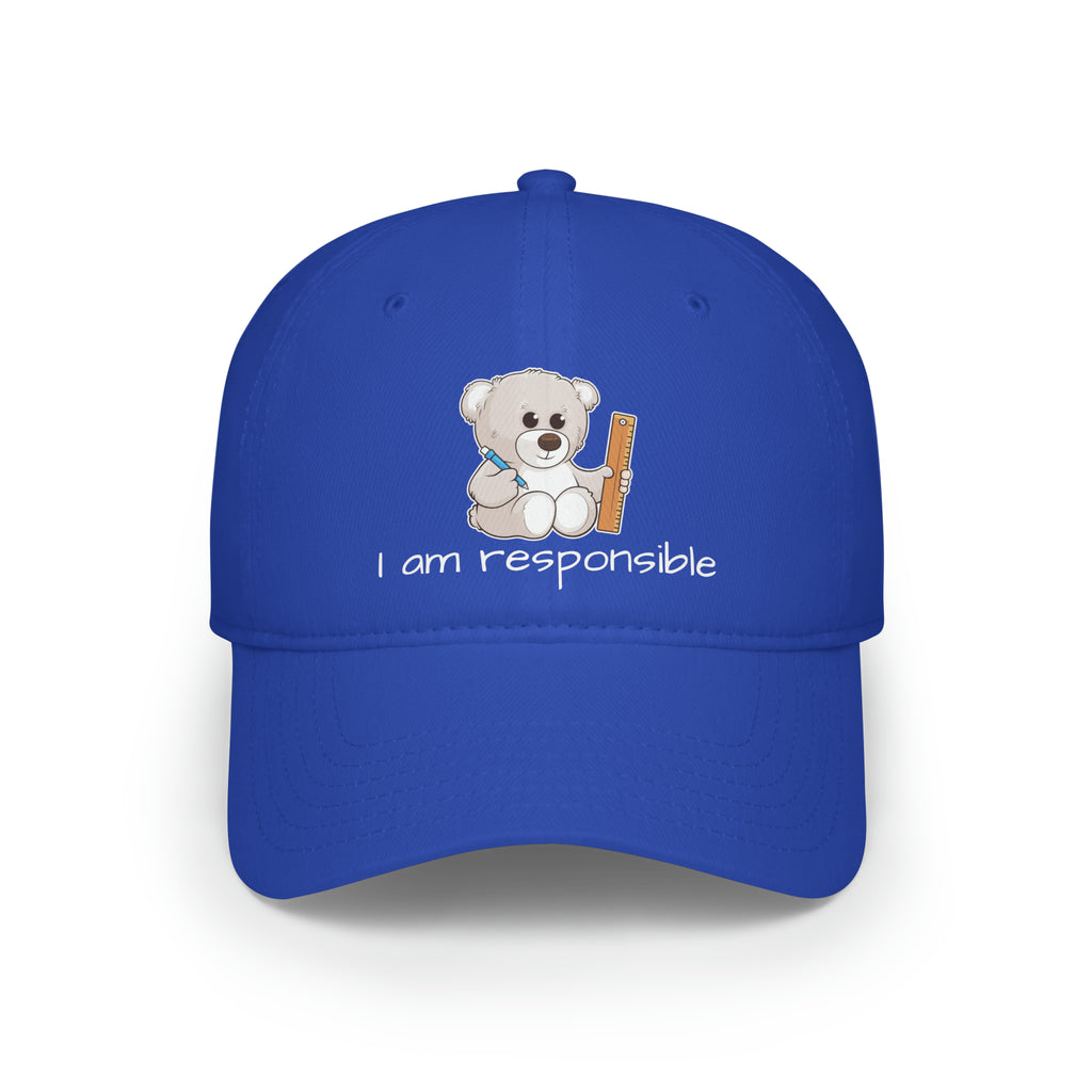 Front-view of a royal blue baseball hat with a picture of a bear that says I am responsible.