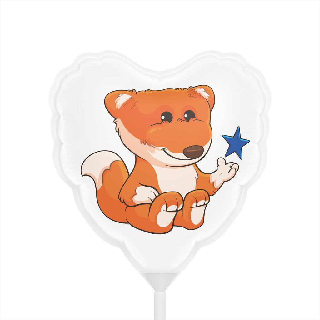 A heart-shaped white mylar balloon on a stick with a picture of a fox.