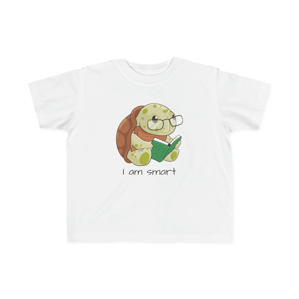 A short-sleeve white shirt with a picture of a turtle that says I am smart.