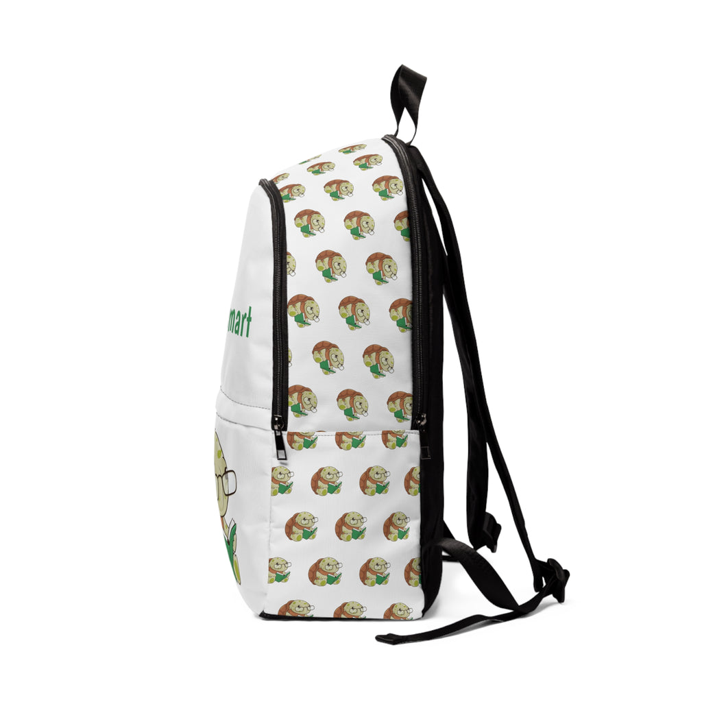 Side-view of a white backpack with a repeating pattern of a turtle on the sides. The bottom half of the front features a large turtle and the top half says "I am smart".