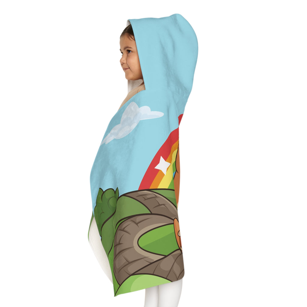 Left side-view of a girl wearing a hooded towel and holding it closed around her. The towel has a scene of a kangaroo walking along a path through rolling hills, a rainbow in the background, and the phrase "I am loved" along the bottom.
