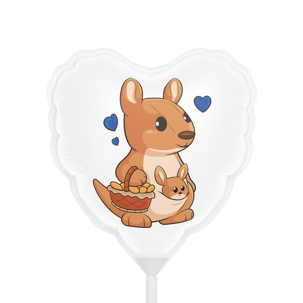 A heart-shaped white mylar balloon on a stick with a picture of a kangaroo.