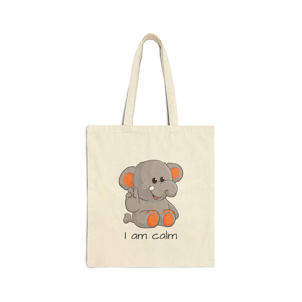 A natural tan tote bag with a picture of an elephant that says I am calm.