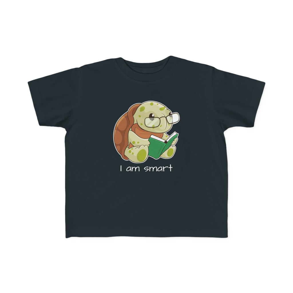 A short-sleeve black shirt with a picture of a turtle that says I am smart.