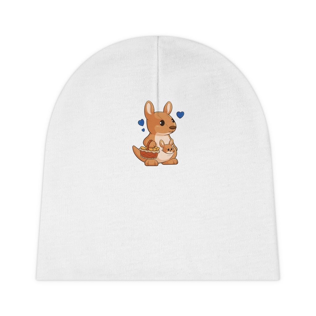 A white baby beanie with a small picture of a kangaroo.