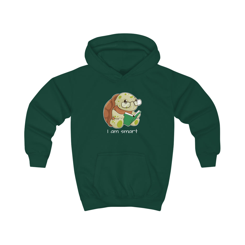 A dark green hoodie with a picture of a turtle that says I am smart.