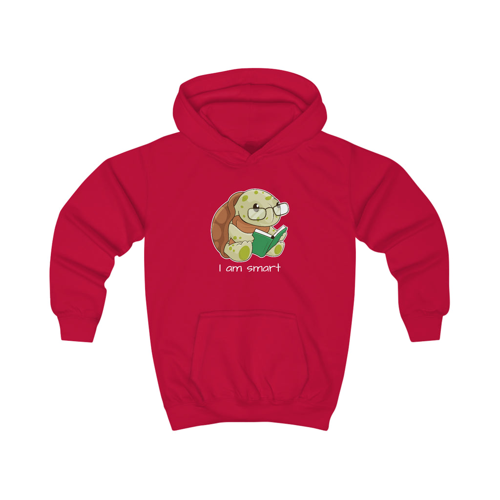 A red hoodie with a picture of a turtle that says I am smart.