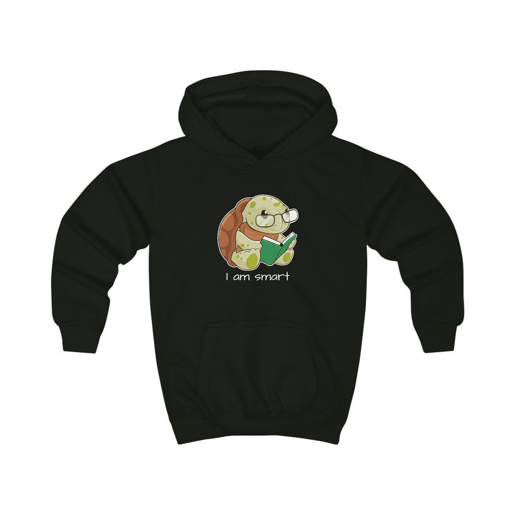 A black hoodie with a picture of a turtle that says I am smart.