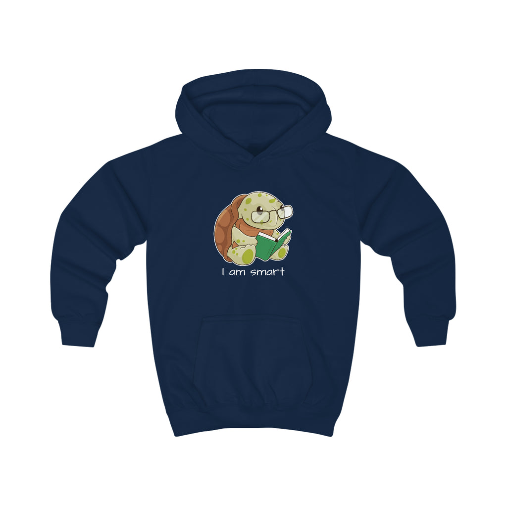 A navy blue hoodie with a picture of a turtle that says I am smart.