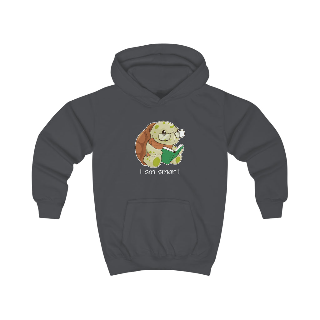 A charcoal grey hoodie with a picture of a turtle that says I am smart.