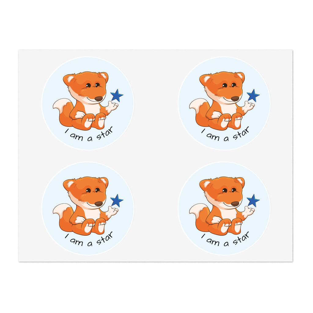 A sheet of 4 round stickers with a picture of a fox that says I am a star.