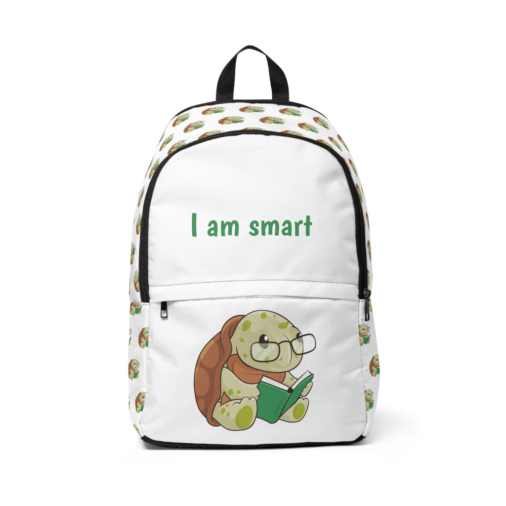 Front-view of a white backpack with a repeating pattern of a turtle on the sides. The bottom half of the front features a large turtle and the top half says "I am smart".