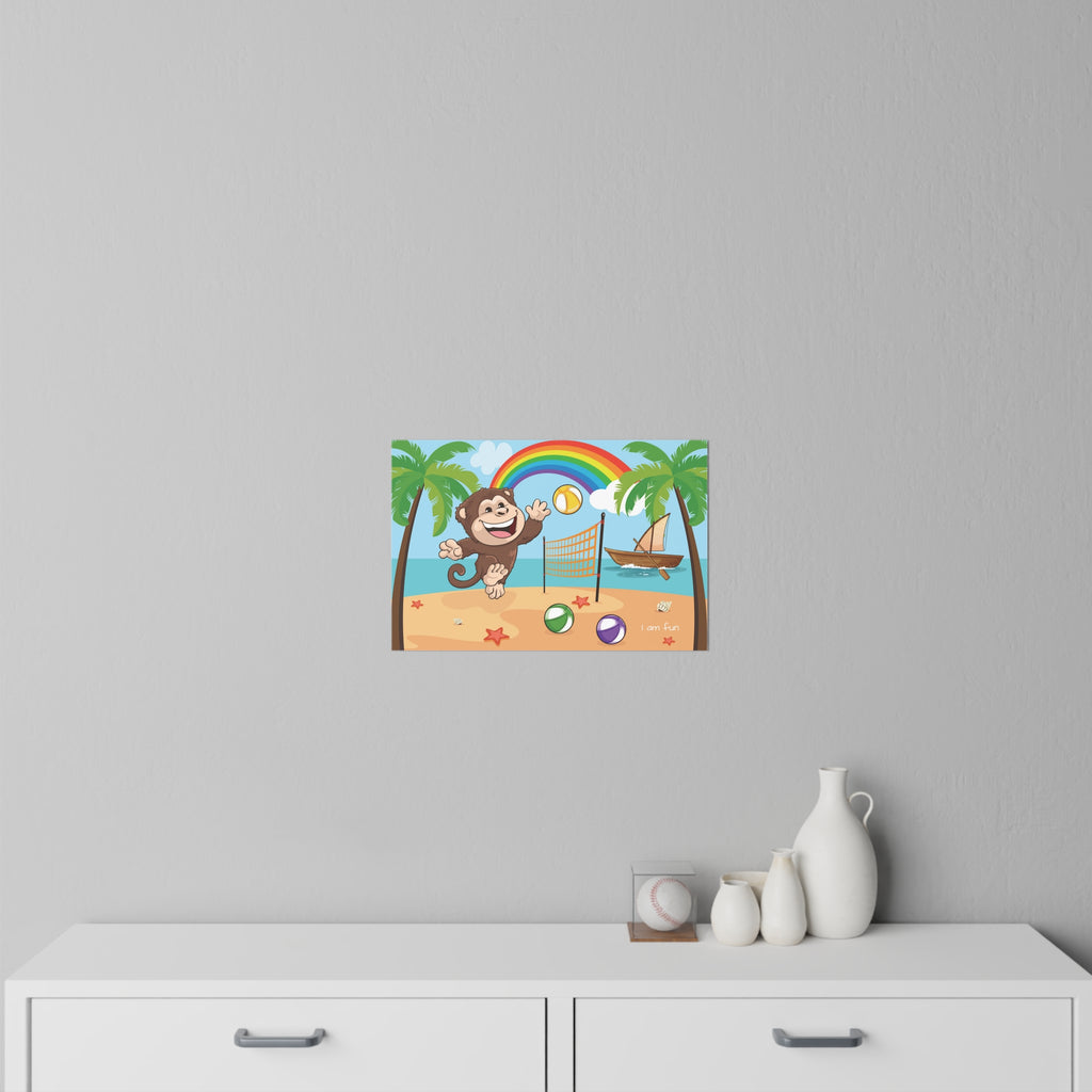 An 18 by 12 inch wall decal on a grey wall above a dresser. The wall decal has a scene of a monkey playing volleyball on the beach, a rainbow in the background, and the phrase "I am fun" along the bottom.