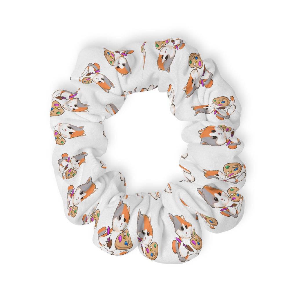 A white hair scrunchie with a repeating pattern of a cat.