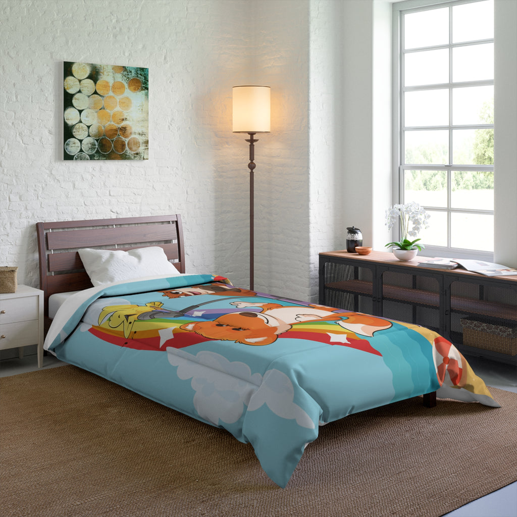 A 68 by 92 inch bed comforter with a scene of a fox singing with a bird and squirrel on a stage on the beach, a rainbow in the background, and the phrase "I am strong" along the bottom. The comforter covers a twin extra long sized bed.