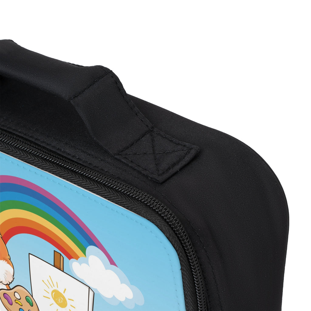 A close-up of a corner of the lunch bag, showing the black lining, handle, and zipper.