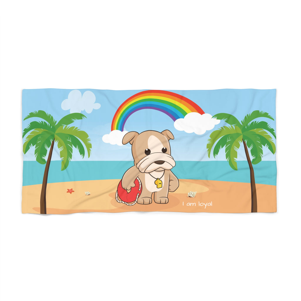 A 30 by 60 inch beach towel with a scene of a dog lifeguard standing on the beach, a rainbow in the background, and the phrase "I am loyal" along the bottom.