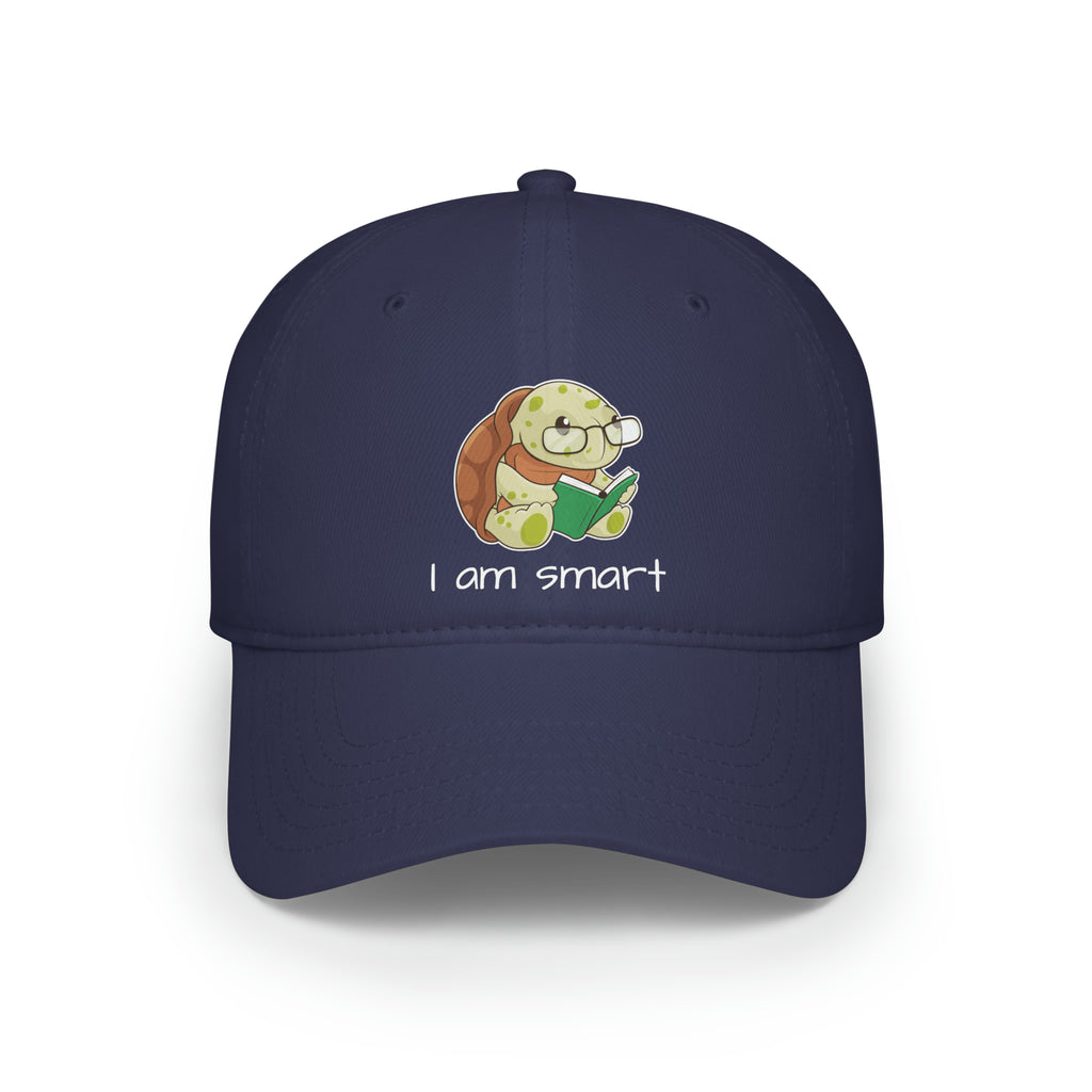 Front-view of a navy blue baseball hat with a picture of a turtle that says I am smart.