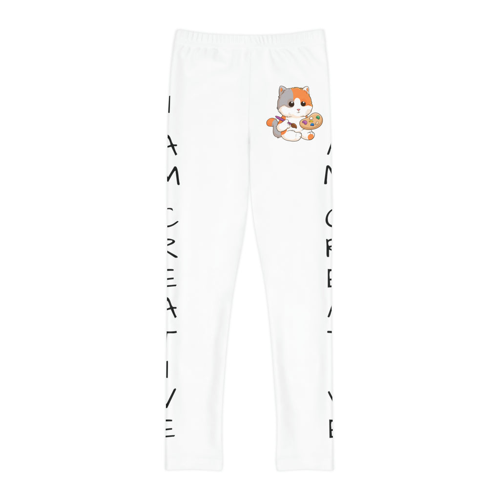White leggings with a picture of a cat on the front left waist and the phrase "I am creative" read top to bottom on the side of each leg.