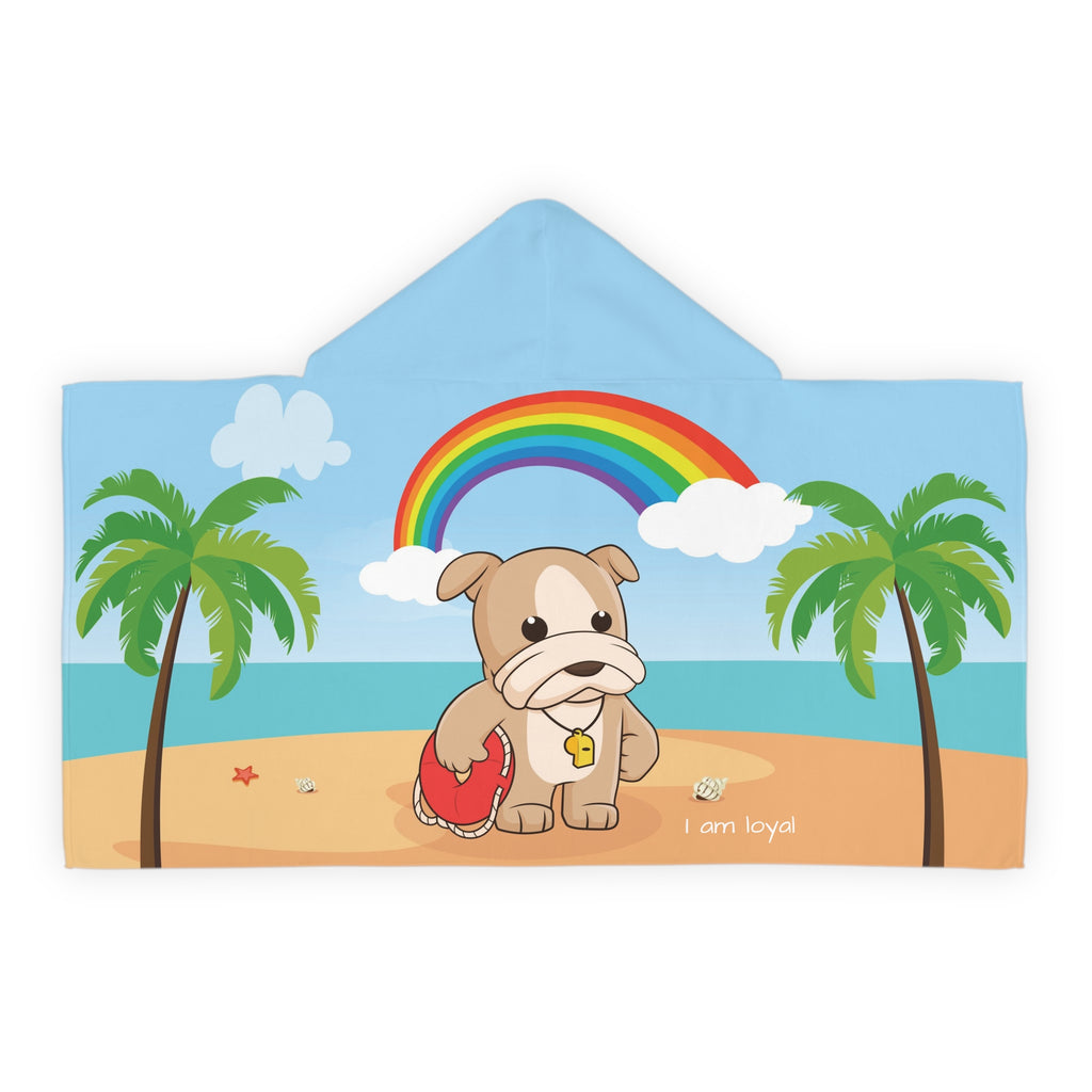 Back-view of a hooded towel with a scene of a dog lifeguard standing on the beach, a rainbow in the background, and the phrase "I am loyal" along the bottom.
