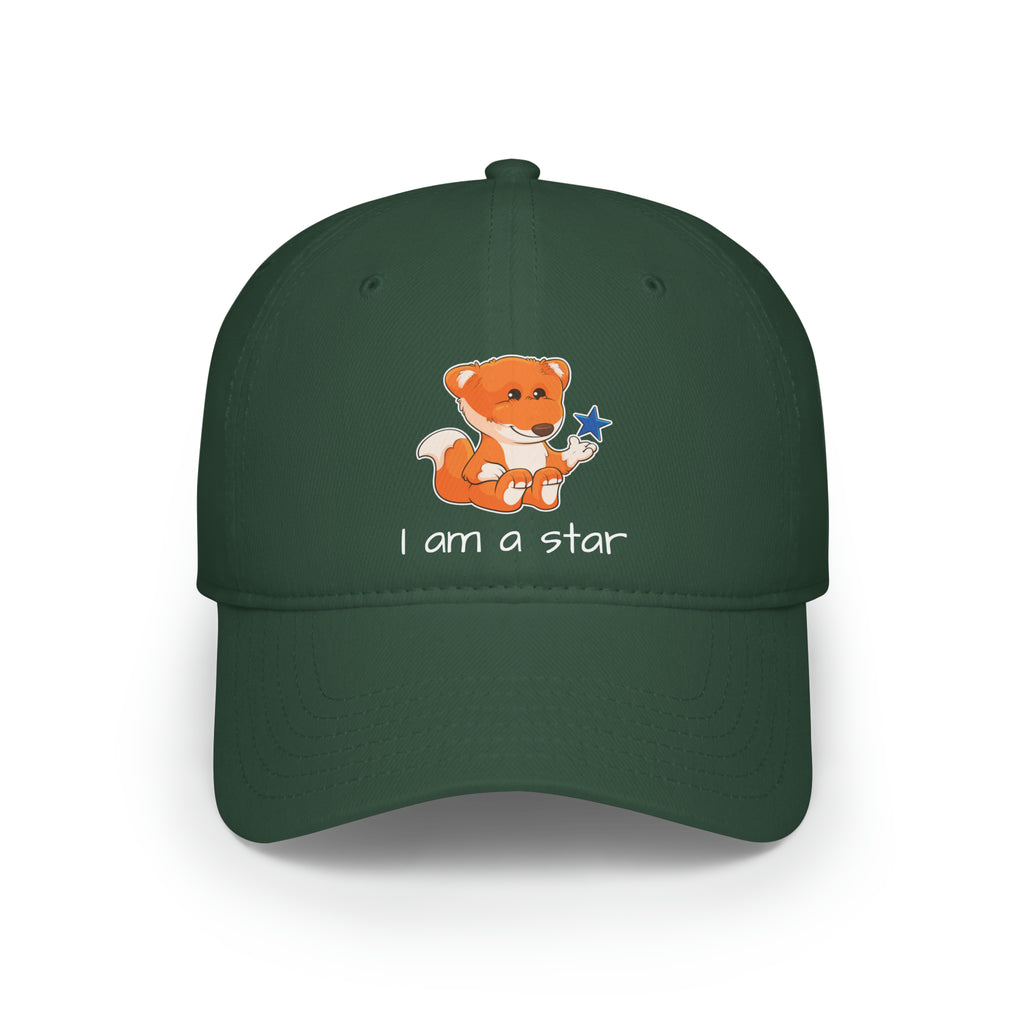 Front-view of a dark green baseball hat with a picture of a fox that says I am a star.