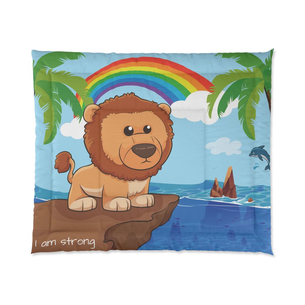 A 104 by 88 inch bed comforter with a scene of a lion standing on a cliff over the ocean, a rainbow in the background, and the phrase "I am strong" along the bottom.