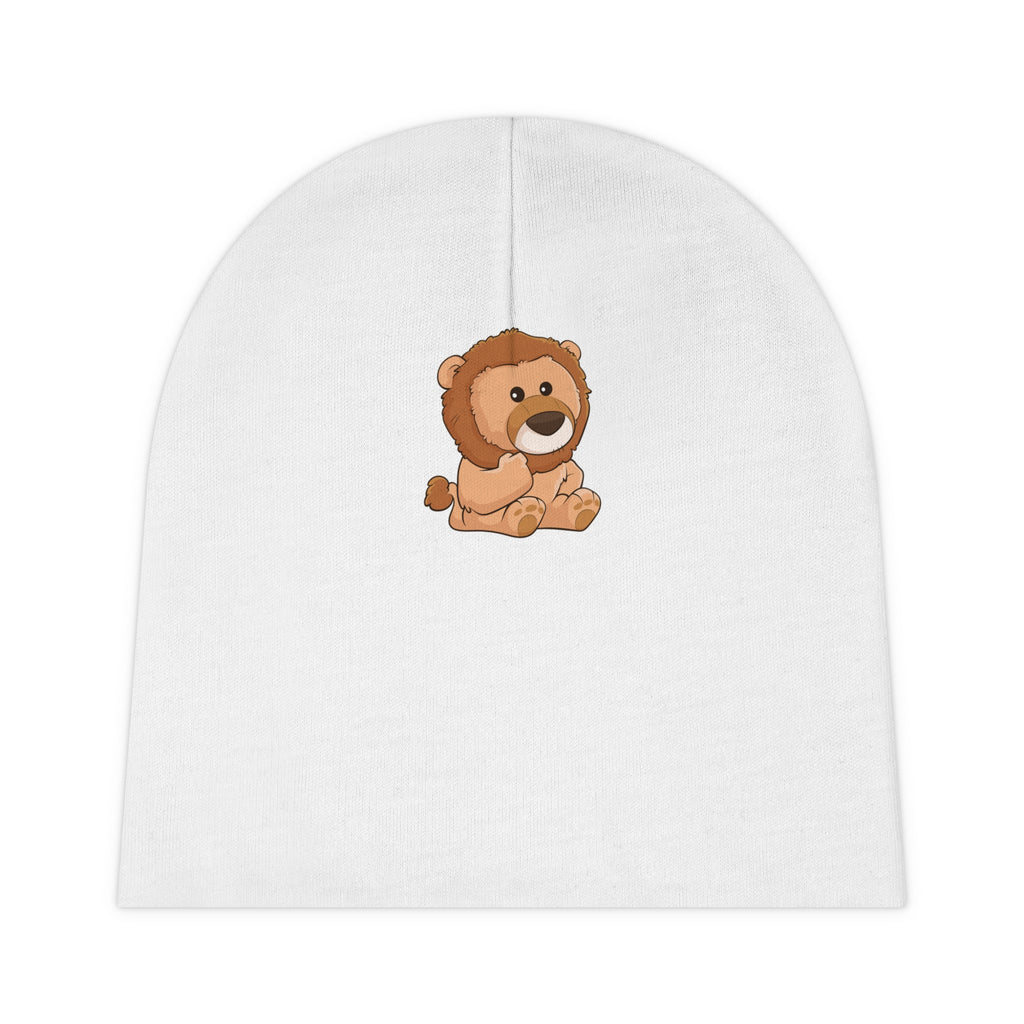 A white baby beanie with a small picture of a lion.