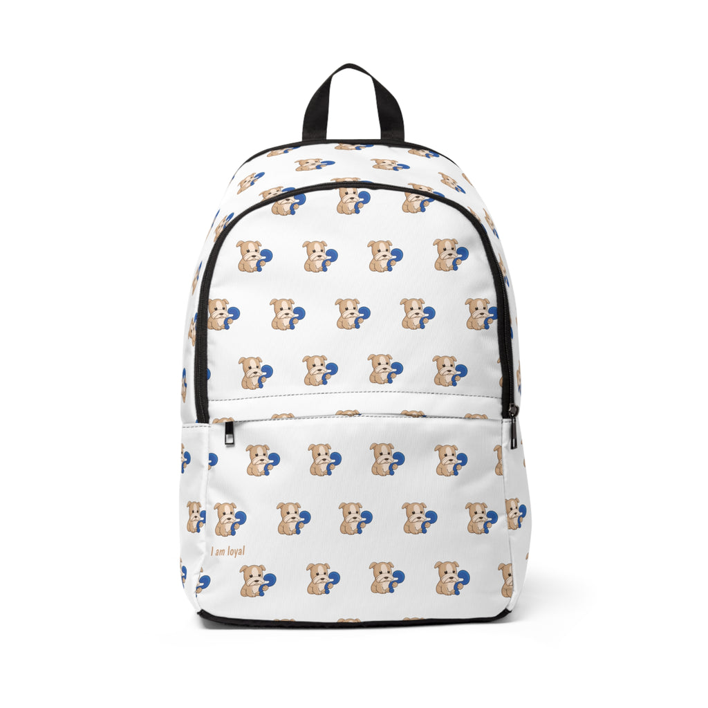 Front-view of a backpack with a repeating pattern of a dog and the phrase "I am loyal" in the bottom left corner of the front.