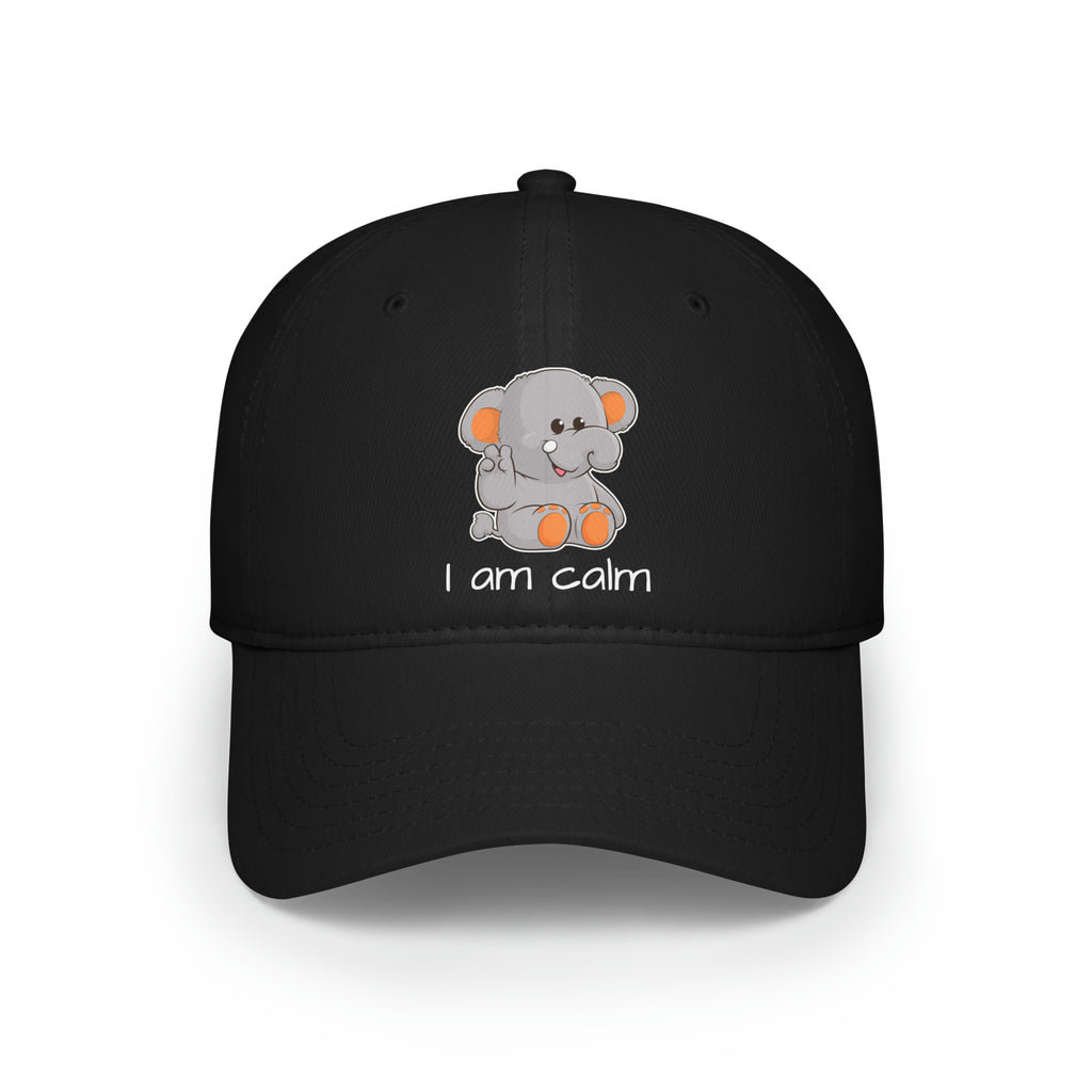 Front-view of a black baseball hat with a picture of an elephant that says I am calm.
